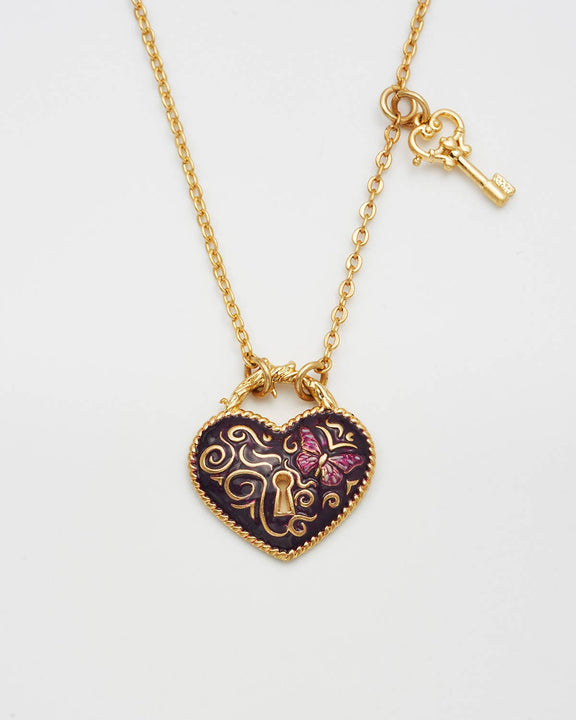 Collier Fable England Eve, pendentif cœur cadenas bordeaux et clé, plaqué or 22 carats