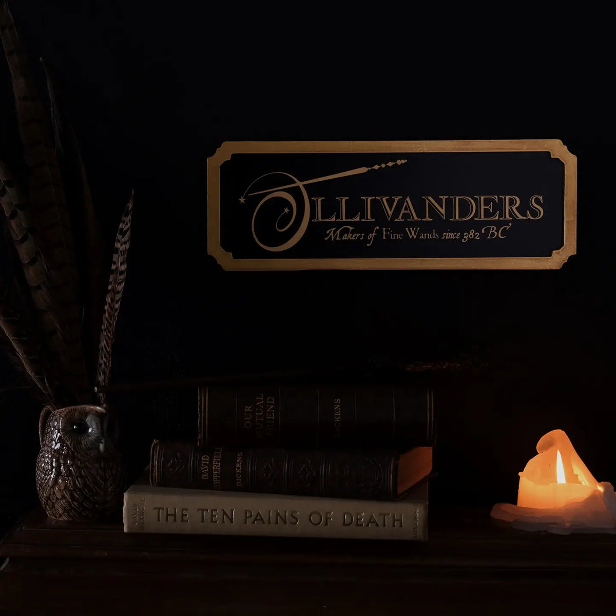 Enseigne murale Harry Potter Ollivanders en métal noir avec bordure dorée en bois