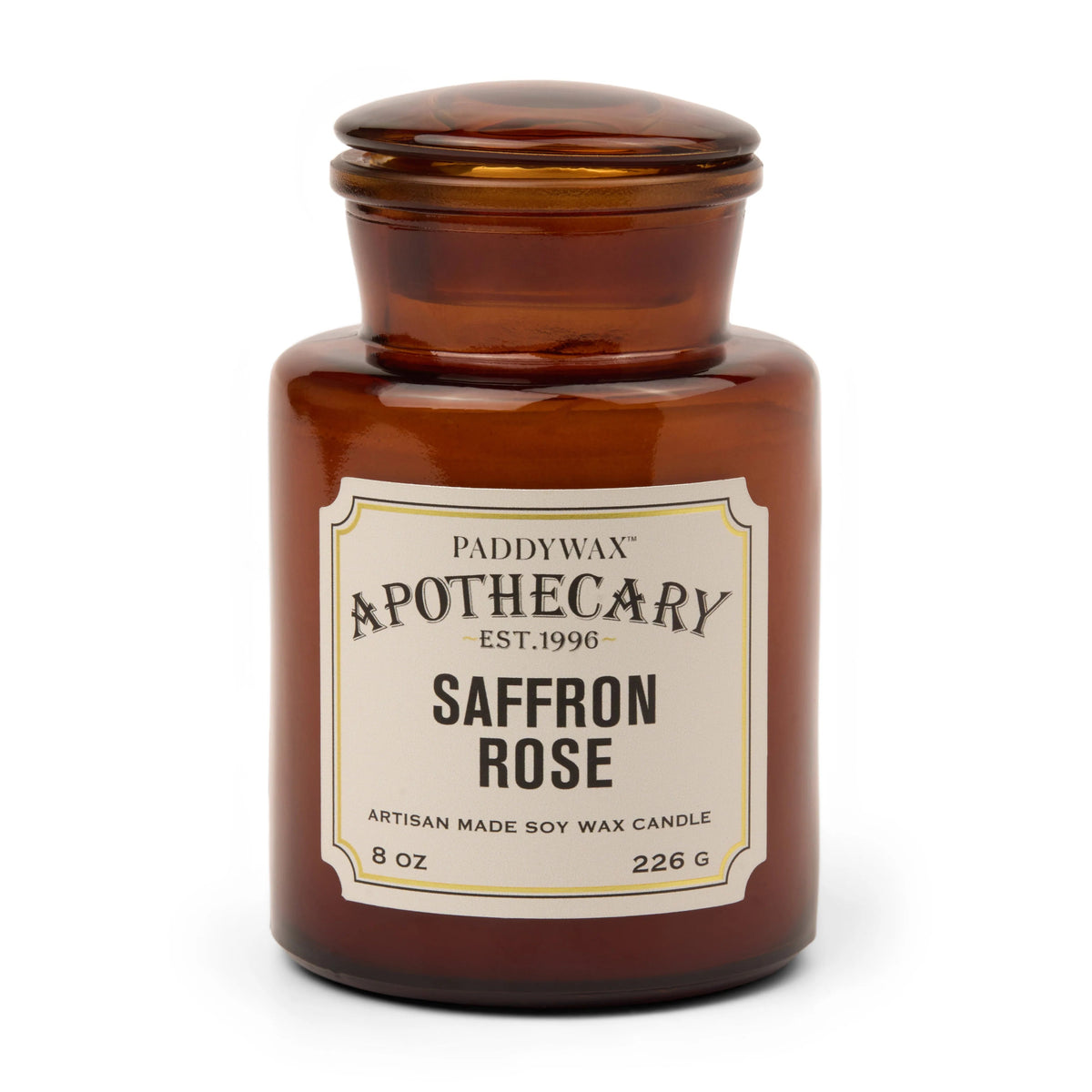 Bougie apothicaire Safran & Rose dans un pot en verre ambré vintage 226 g avec bouchon en verre
