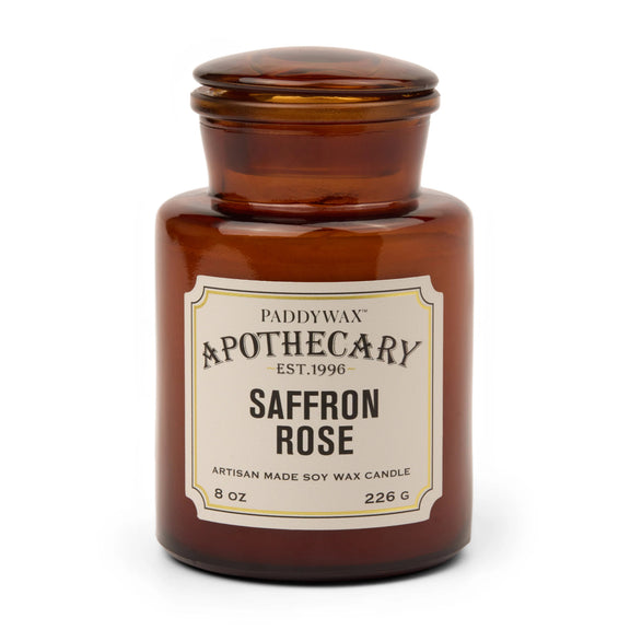 Bougie apothicaire Safran & Rose dans un pot en verre ambré vintage 226 g avec bouchon en verre