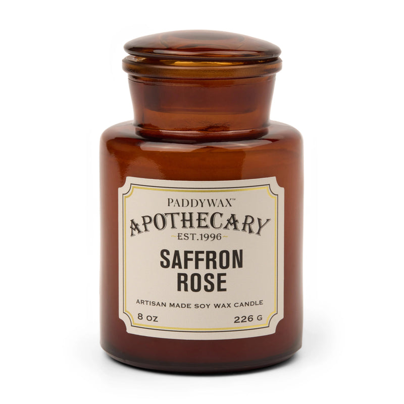 Bougie apothicaire Safran & Rose dans un pot en verre ambré vintage 226 g avec bouchon en verre
