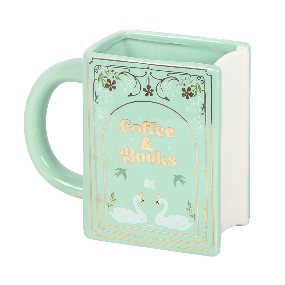Mug en céramique en forme de livre vert pastel Coffee & Books avec motifs floraux et cygnes dorés