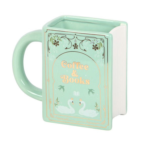 Mug en céramique en forme de livre vert pastel Coffee & Books avec motifs floraux et cygnes dorés