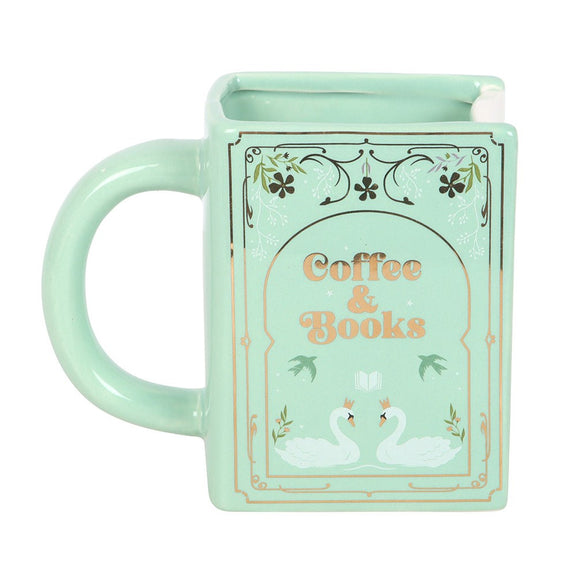 Mug en céramique en forme de livre vert pastel Coffee & Books avec motifs floraux et cygnes dorés