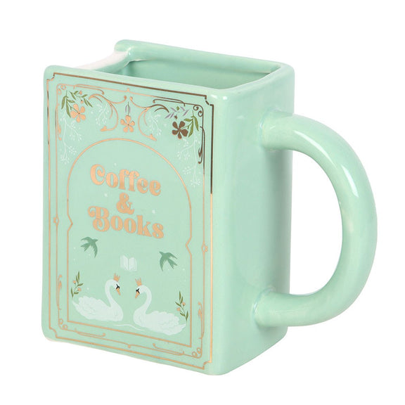 Mug en céramique en forme de livre vert pastel Coffee & Books avec motifs floraux et cygnes dorés
