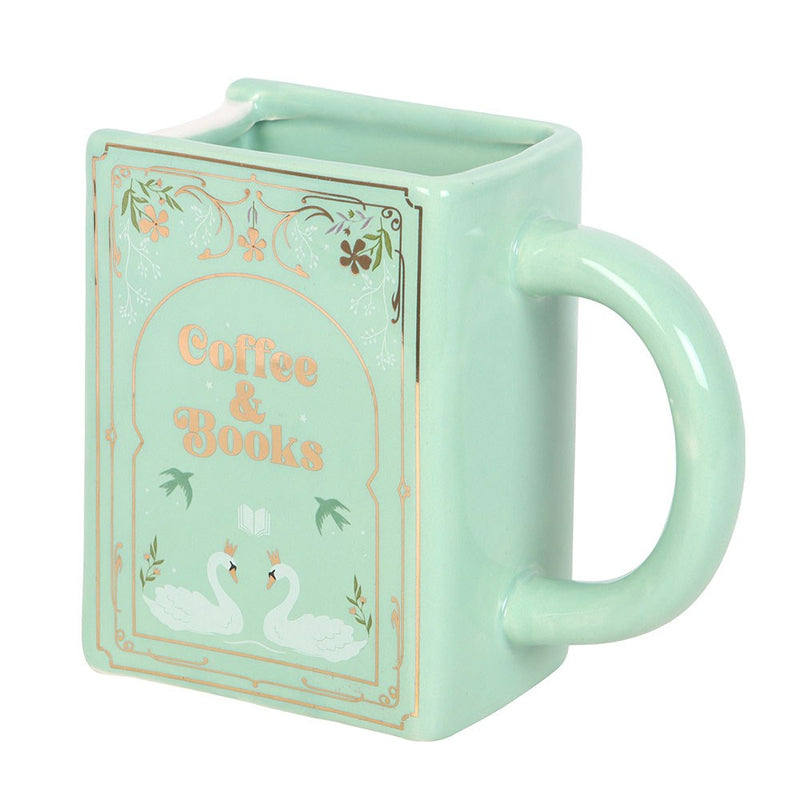 Mug en céramique en forme de livre vert pastel Coffee & Books avec motifs floraux et cygnes dorés