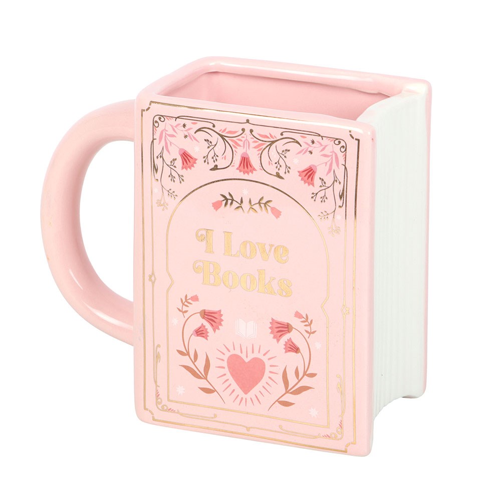 Mug en céramique en forme de livre rose avec inscription dorée I Love Books, The Book Club