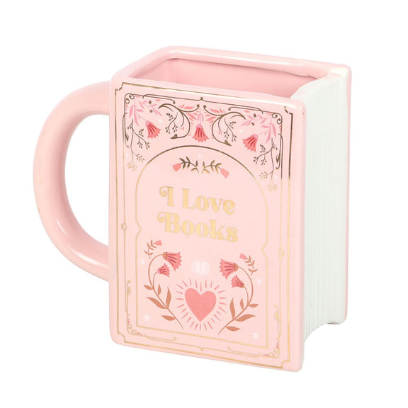 Mug en céramique en forme de livre rose avec inscription dorée I Love Books, The Book Club
