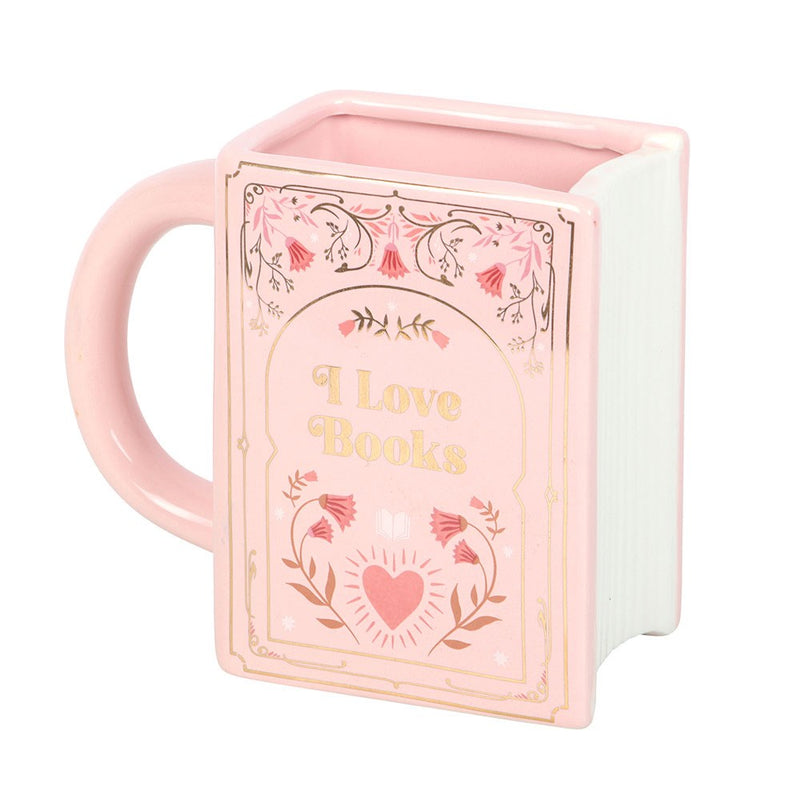 Mug en céramique en forme de livre rose avec inscription dorée I Love Books, The Book Club