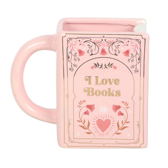 Mug en céramique en forme de livre rose avec inscription dorée I Love Books, The Book Club