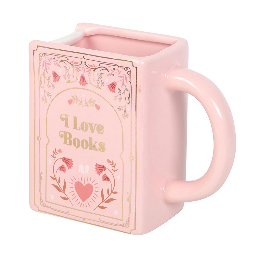 Mug en céramique en forme de livre rose avec inscription dorée I Love Books, The Book Club