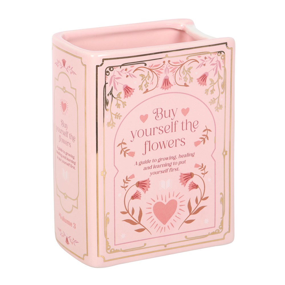 Vase en céramique en forme de livre rose avec inscription dorée Buy Yourself the Flowers