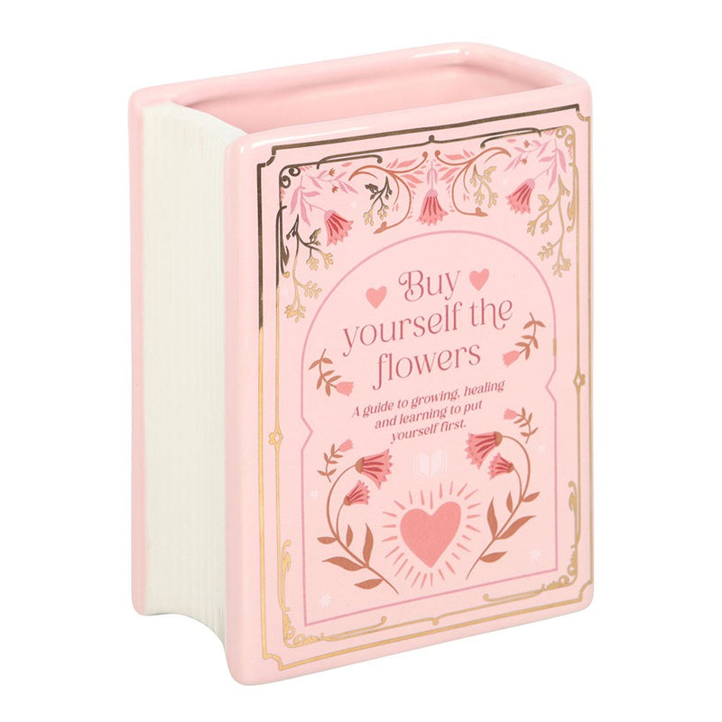 Vase en céramique en forme de livre rose avec inscription dorée Buy Yourself the Flowers