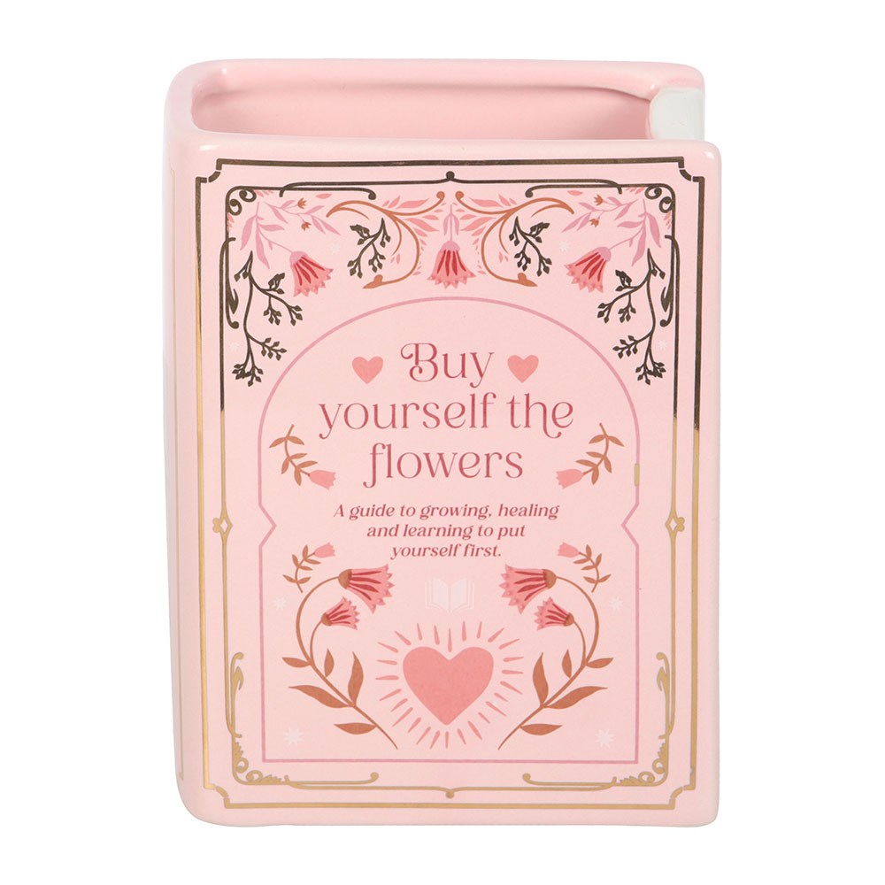 Vase en céramique en forme de livre rose avec inscription dorée Buy Yourself the Flowers