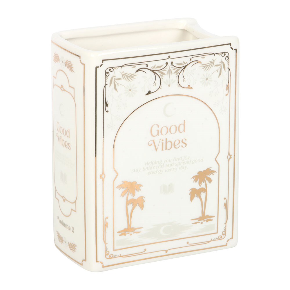 Vase en céramique en forme de livre blanc avec inscription dorée Good Vibes, The Book Club