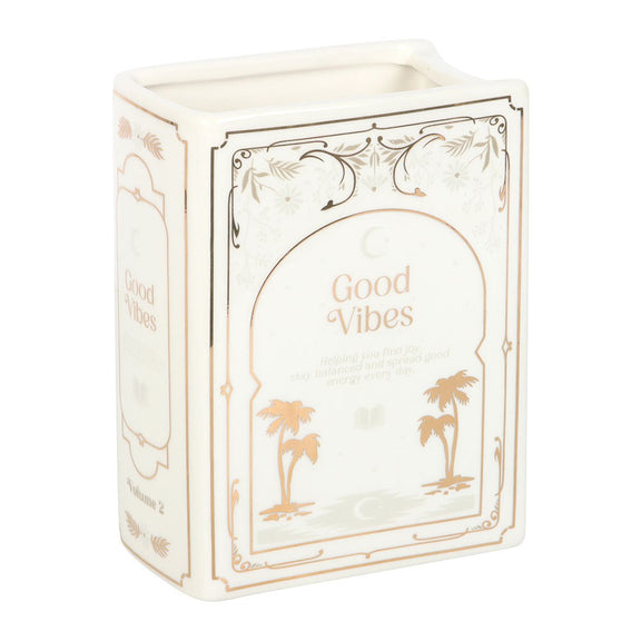 Vase en céramique en forme de livre blanc avec inscription dorée Good Vibes, The Book Club