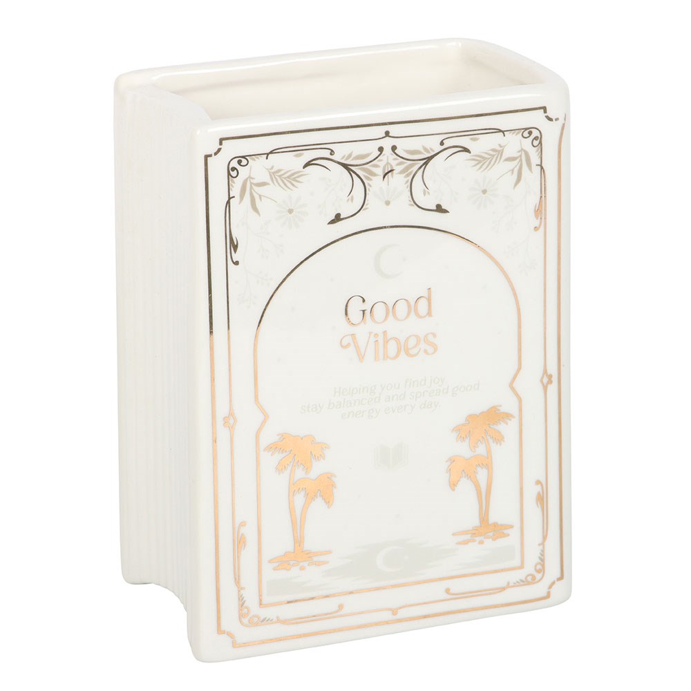 Vase en céramique en forme de livre blanc avec inscription dorée Good Vibes, The Book Club