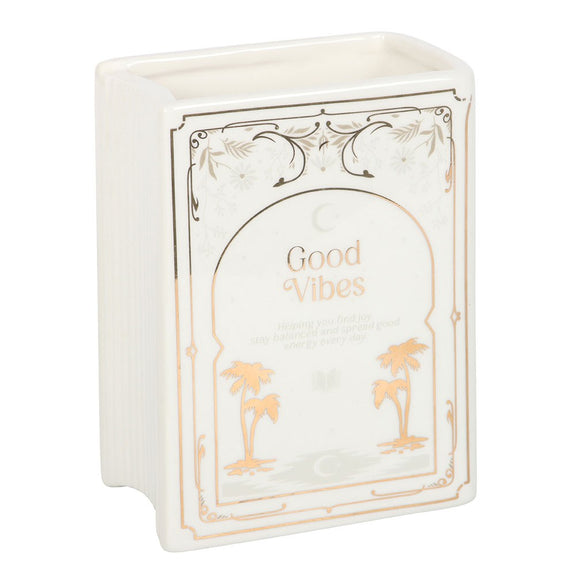 Vase en céramique en forme de livre blanc avec inscription dorée Good Vibes, The Book Club