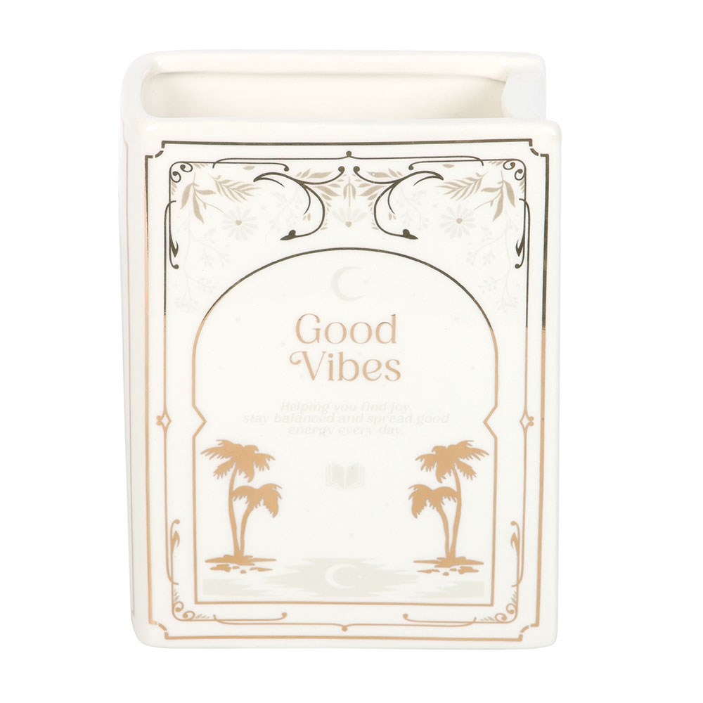 Vase en céramique en forme de livre blanc avec inscription dorée Good Vibes, The Book Club