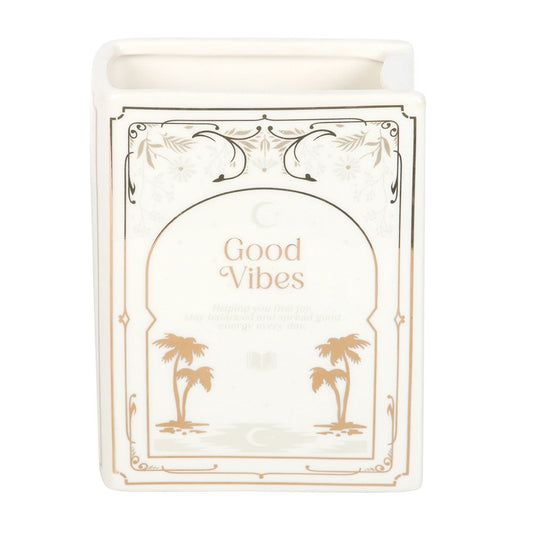 Vase en céramique en forme de livre blanc avec inscription dorée Good Vibes, The Book Club