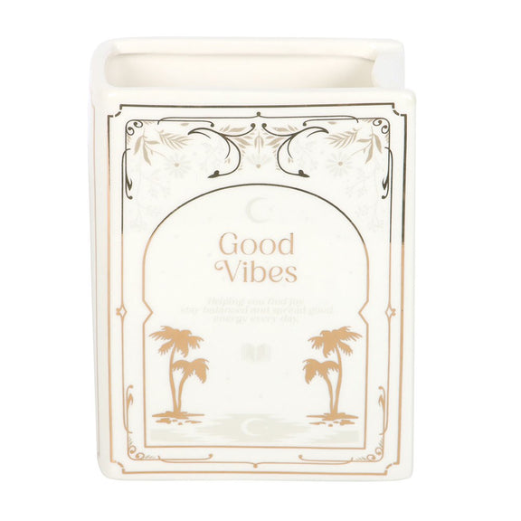 Vase en céramique en forme de livre blanc avec inscription dorée Good Vibes, The Book Club