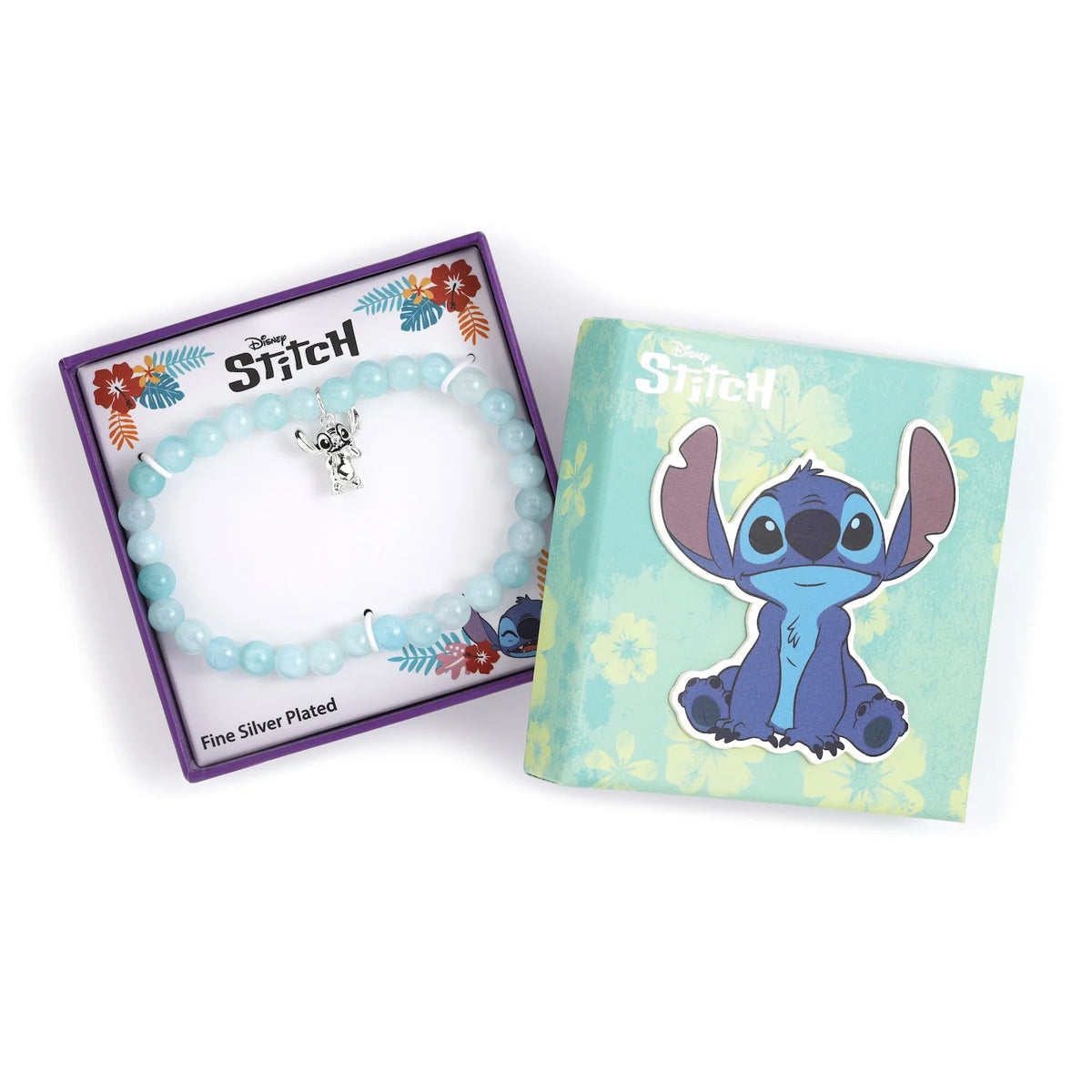 Bracelet élastique Disney en perles bleu clair brillantes avec breloque argentée à l'effigie de Stitch