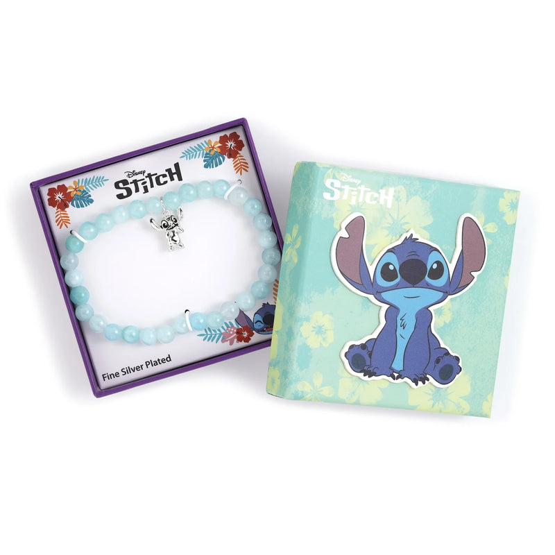 Bracelet élastique Disney en perles bleu clair brillantes avec breloque argentée à l'effigie de Stitch