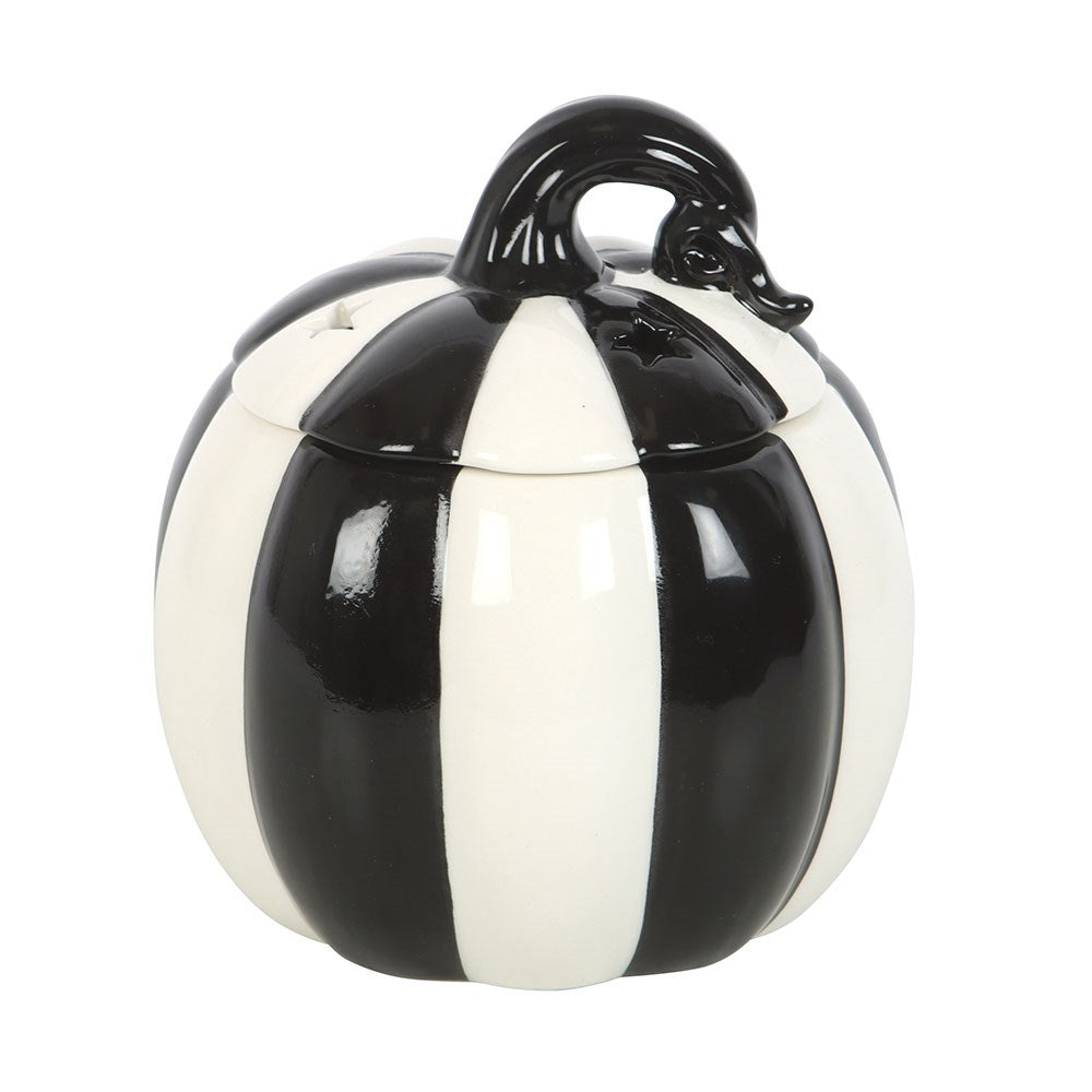 Brûle-parfum citrouille en céramique rayée noir et blanc avec couvercle pour fondants parfumés
