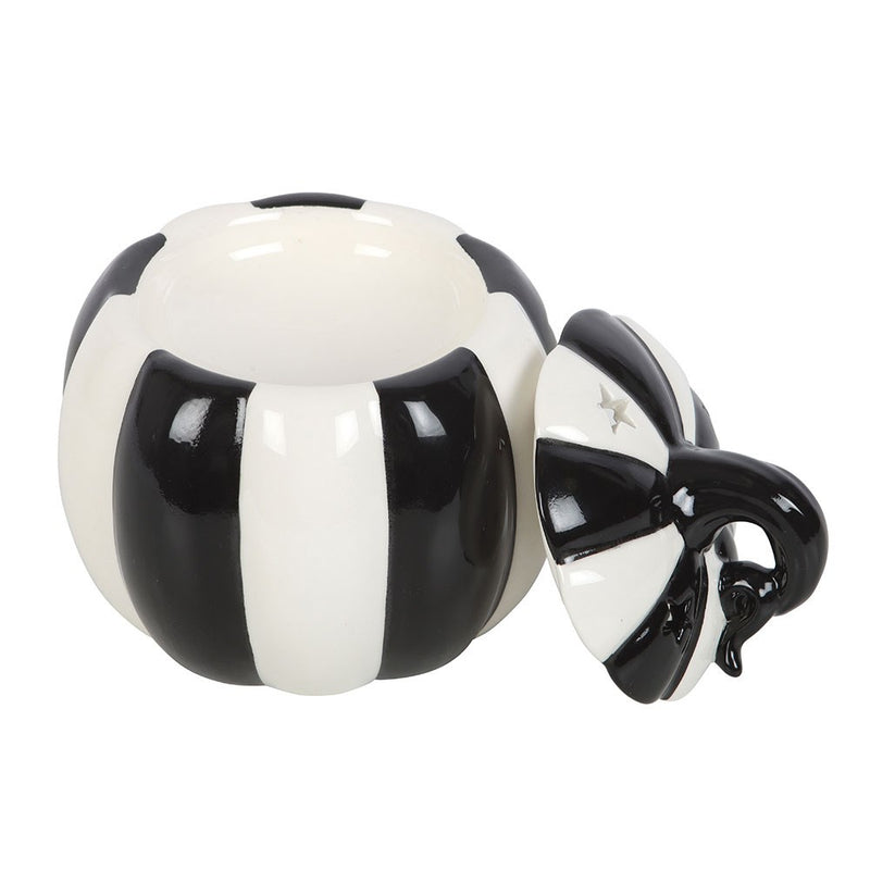 Brûle-parfum citrouille en céramique rayée noir et blanc avec couvercle pour fondants parfumés