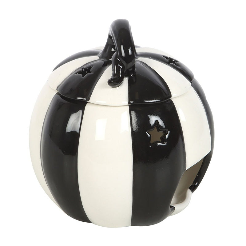 Brûle-parfum citrouille en céramique rayée noir et blanc avec couvercle pour fondants parfumés