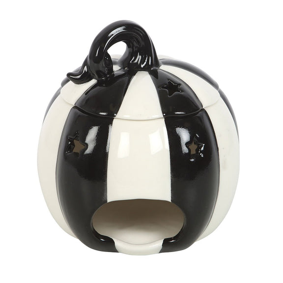 Brûle-parfum citrouille en céramique rayée noir et blanc avec couvercle pour fondants parfumés