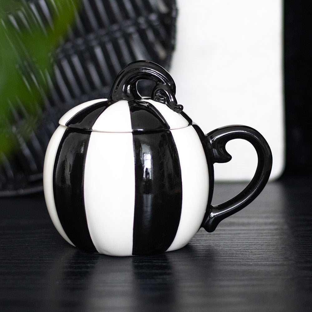 Mug citrouille en céramique rayée noir et blanc avec couvercle assorti, décoration Halloween