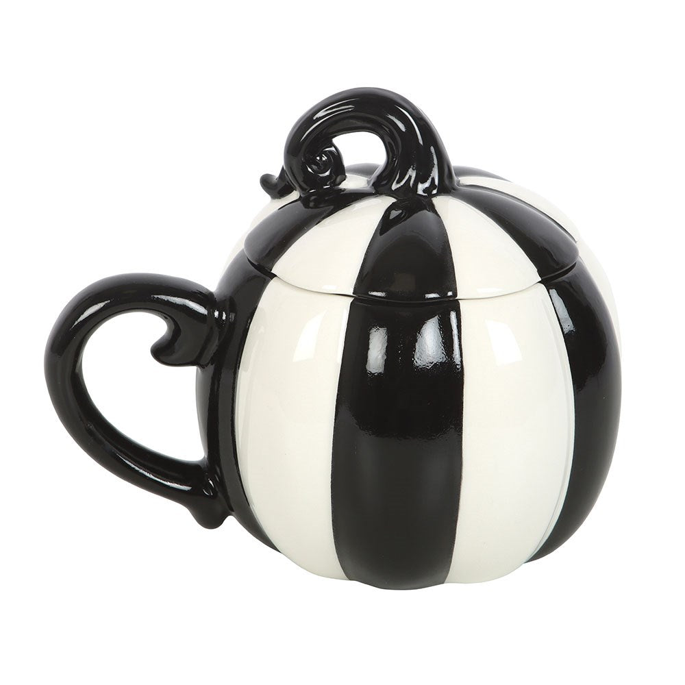 Mug citrouille en céramique rayée noir et blanc avec couvercle assorti, décoration Halloween