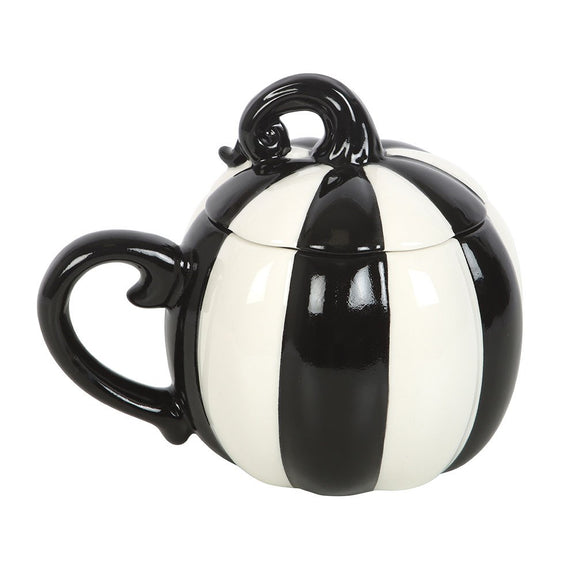 Mug citrouille en céramique rayée noir et blanc avec couvercle assorti, décoration Halloween