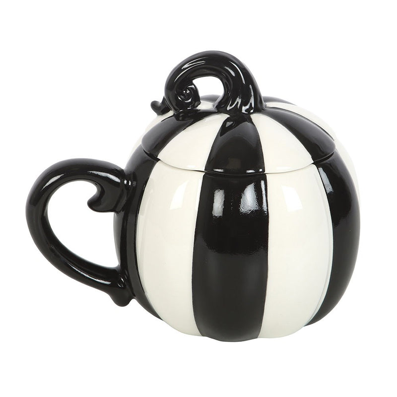 Mug citrouille en céramique rayée noir et blanc avec couvercle assorti, décoration Halloween