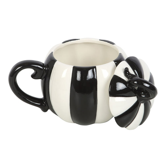 Mug citrouille en céramique rayée noir et blanc avec couvercle assorti, décoration Halloween