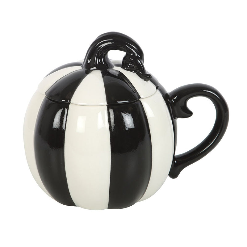 Mug citrouille en céramique rayée noir et blanc avec couvercle assorti, décoration Halloween