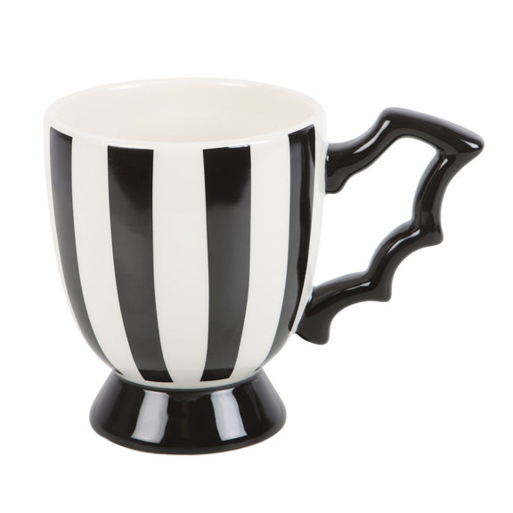Tasse en céramique rayée noir et blanc avec anse en forme d'aile de chauve-souris, Halloween