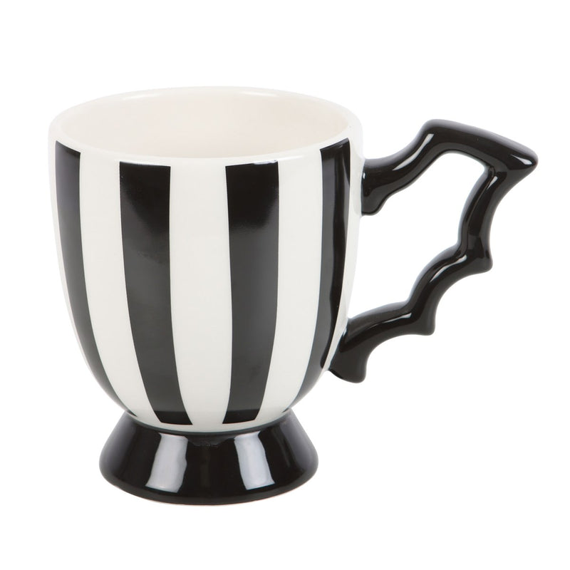 Tasse en céramique rayée noir et blanc avec anse en forme d'aile de chauve-souris, Halloween