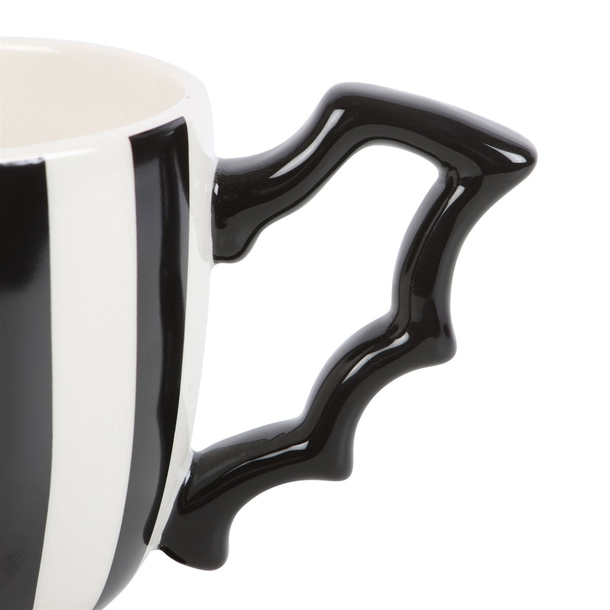 Tasse en céramique rayée noir et blanc avec anse en forme d'aile de chauve-souris, Halloween