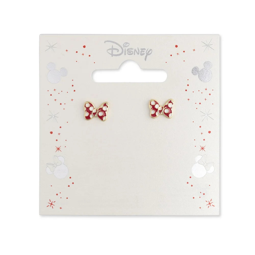 Boucles d'oreilles Disney en forme de nœud de Minnie Mouse, métal doré émaillé rouge à pois blancs