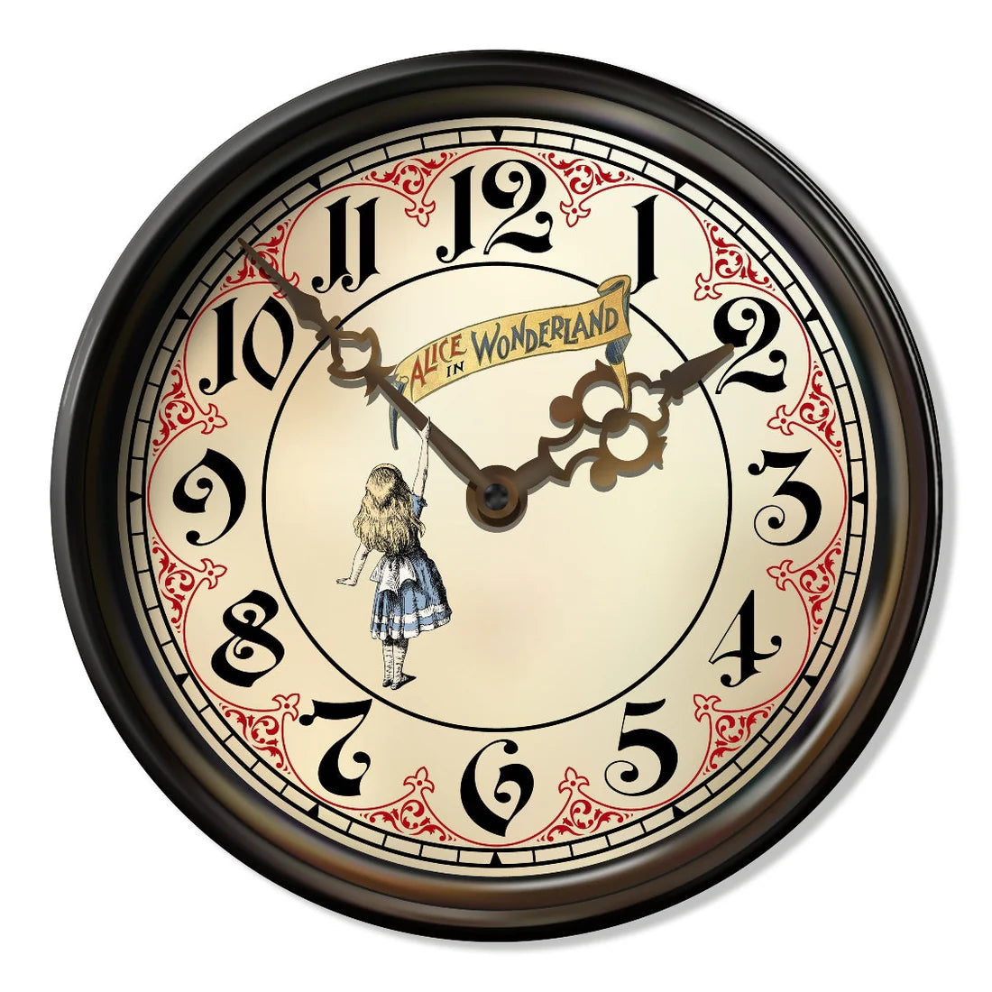 Plateau rond en métal 30 cm en trompe-l'œil horloge illustré d'Alice au Pays des Merveilles