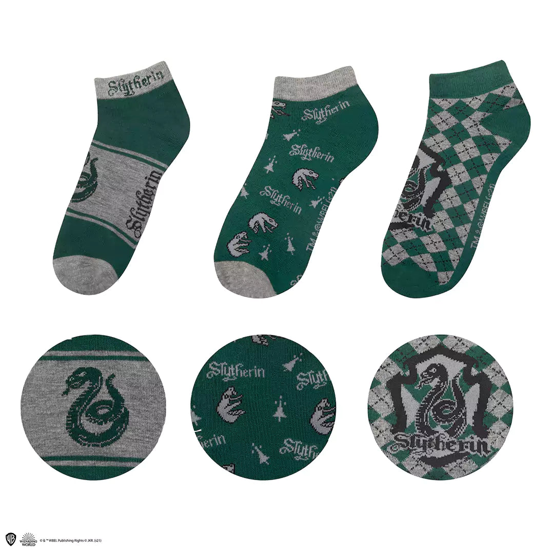Lot de 3 paires de chaussettes Harry Potter Serpentard vert et gris avec serpent et écusson