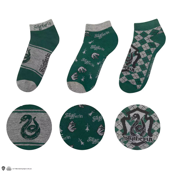 Lot de 3 paires de chaussettes Harry Potter Serpentard vert et gris avec serpent et écusson
