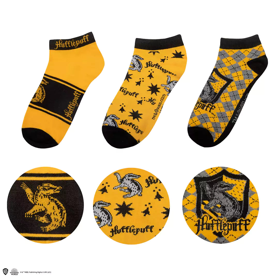 Lot de 3 paires de chaussettes Harry Potter Poufsouffle jaune et noir avec blaireau et écusson