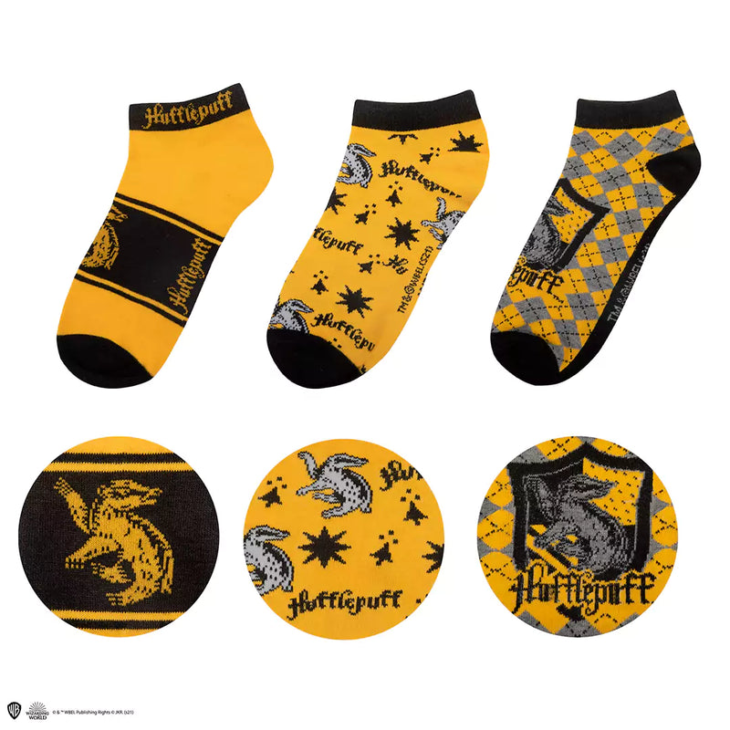 Lot de 3 paires de chaussettes Harry Potter Poufsouffle jaune et noir avec blaireau et écusson