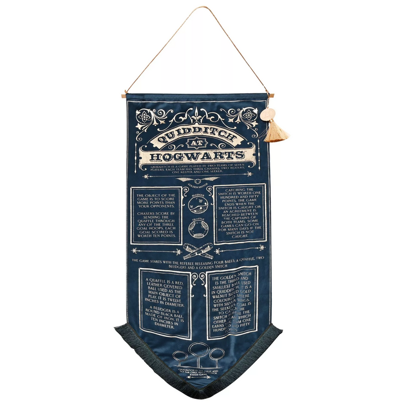 Bannière murale Harry Potter avec règles du Quidditch à Poudlard et symboles dorés