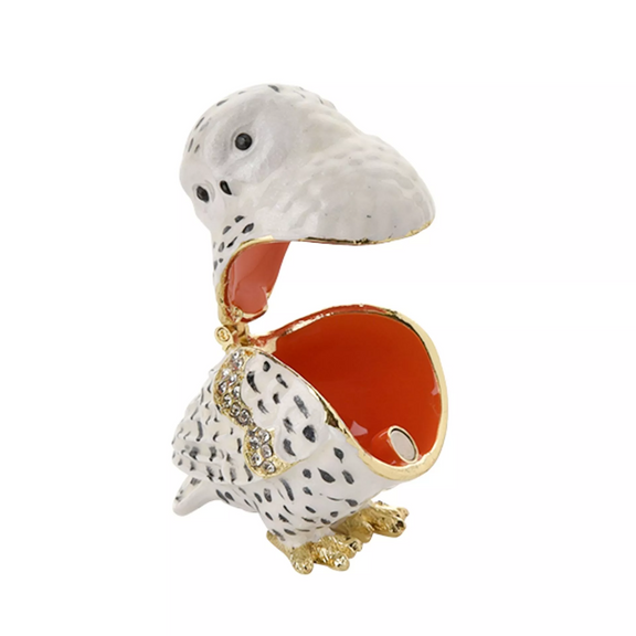 Boîte à bijoux chouette harfang des neiges en métal émaillé scintillant