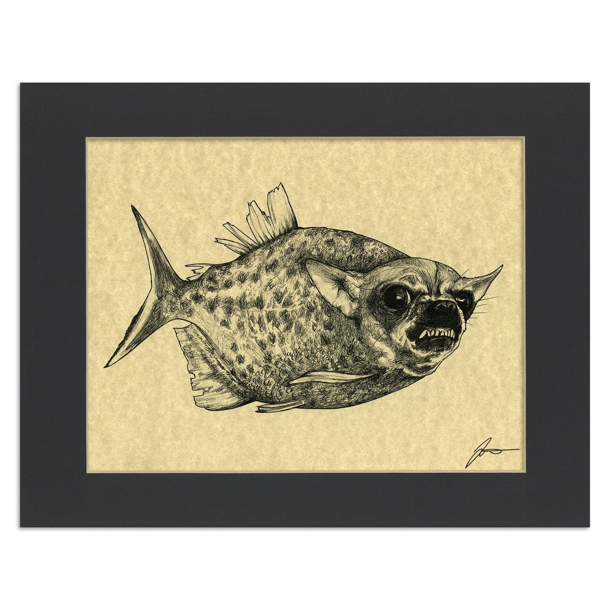 Illustration chimère Whatif Creations, corps de piranha et tête de chihuahua, art hybride insolite