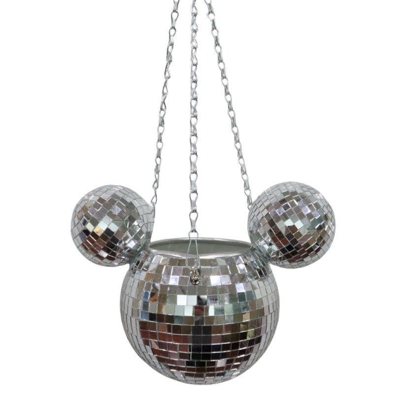 Pot de fleur suspendu Disney Mickey style boule à facettes à finition miroir argentée, deux tailles